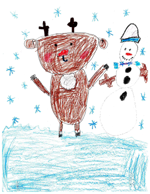 Childrens drawing of a reindeer and snowman.